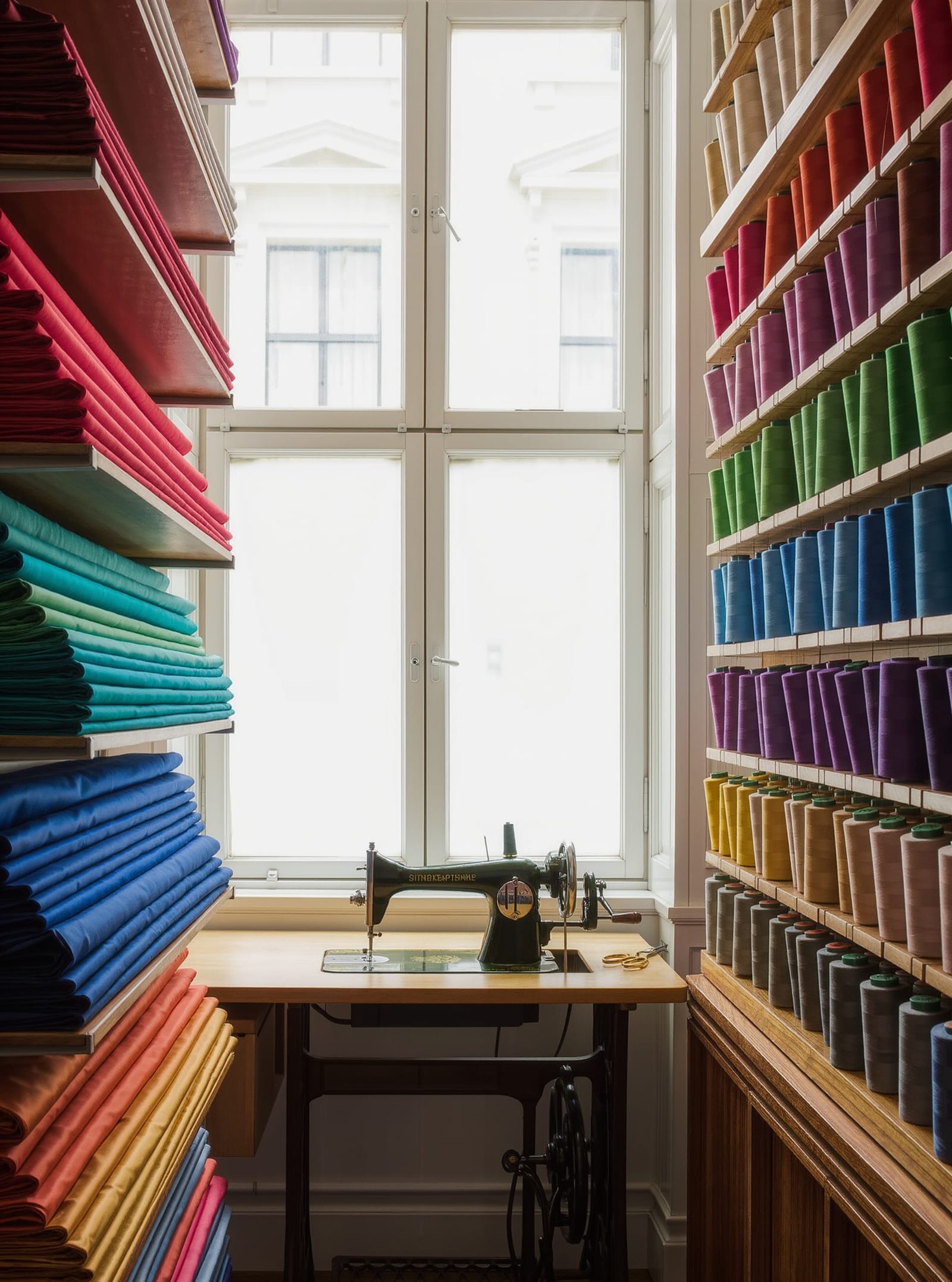 A tailoring workroom — shelves of brightly coloured folded fabric beside a sewing machine at a table by a tall window