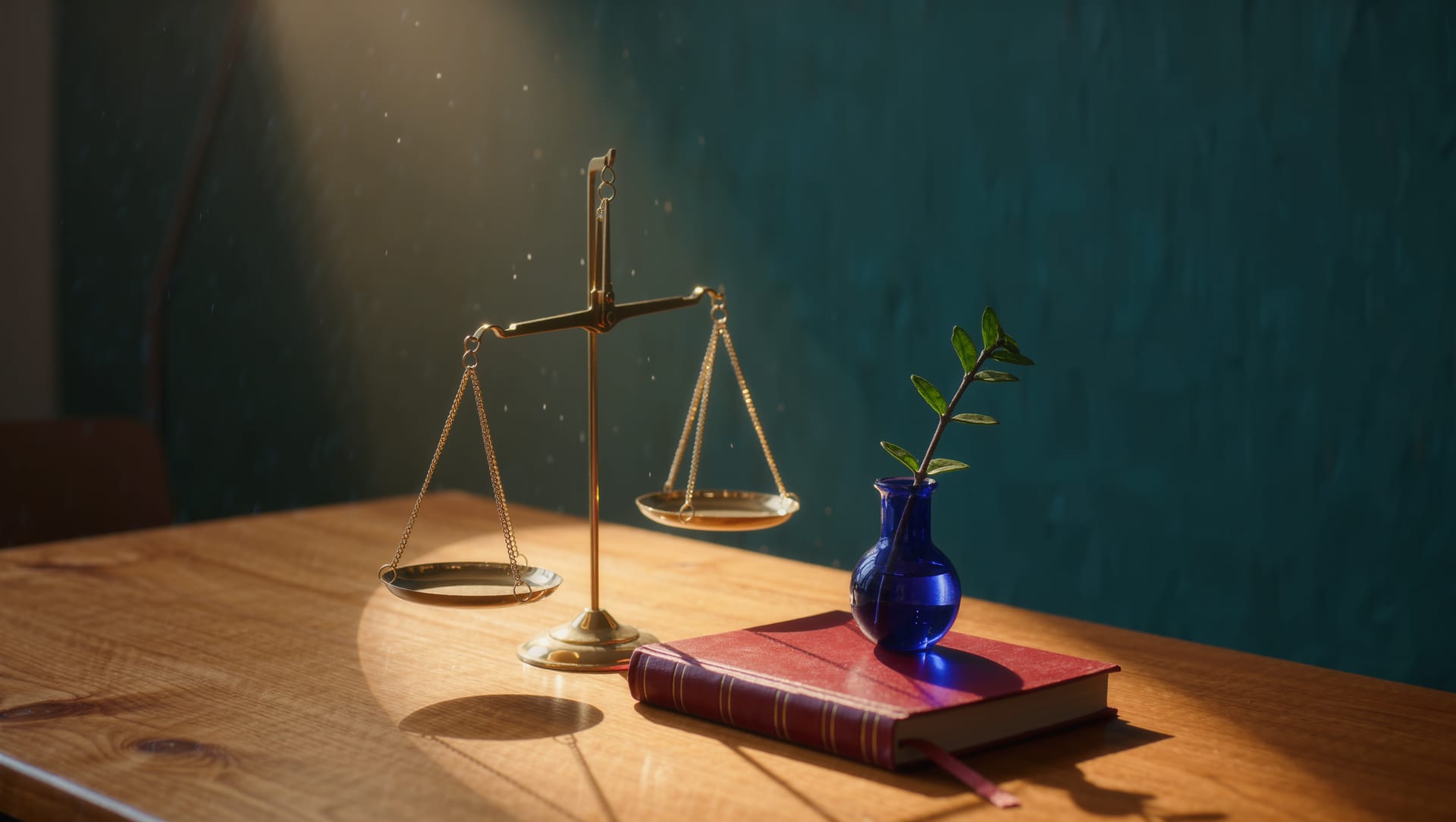A pair of brass scales and a small blue vase resting on a bound ledger on a sunlit desk, against a deep teal wall