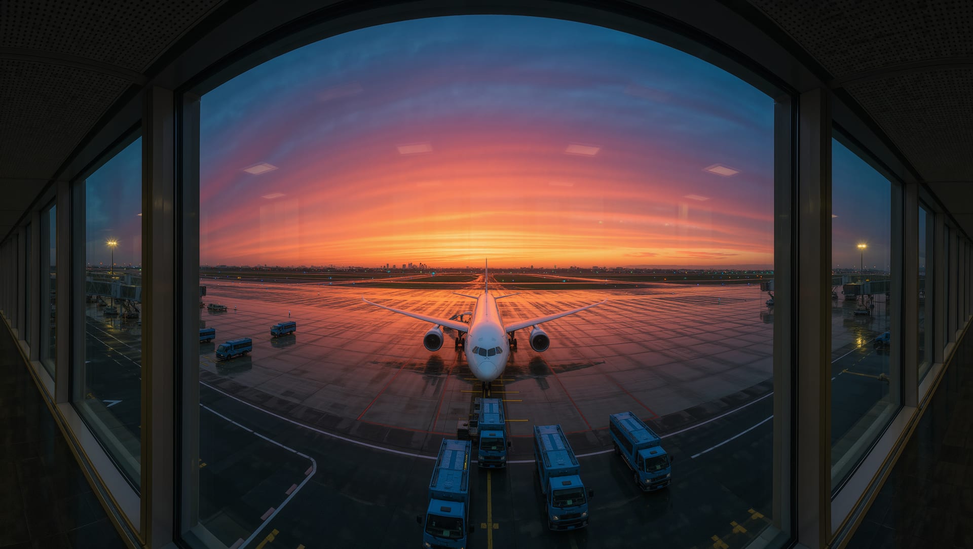An airliner on stand at sunrise, seen through the curved window wall of a departure gate
